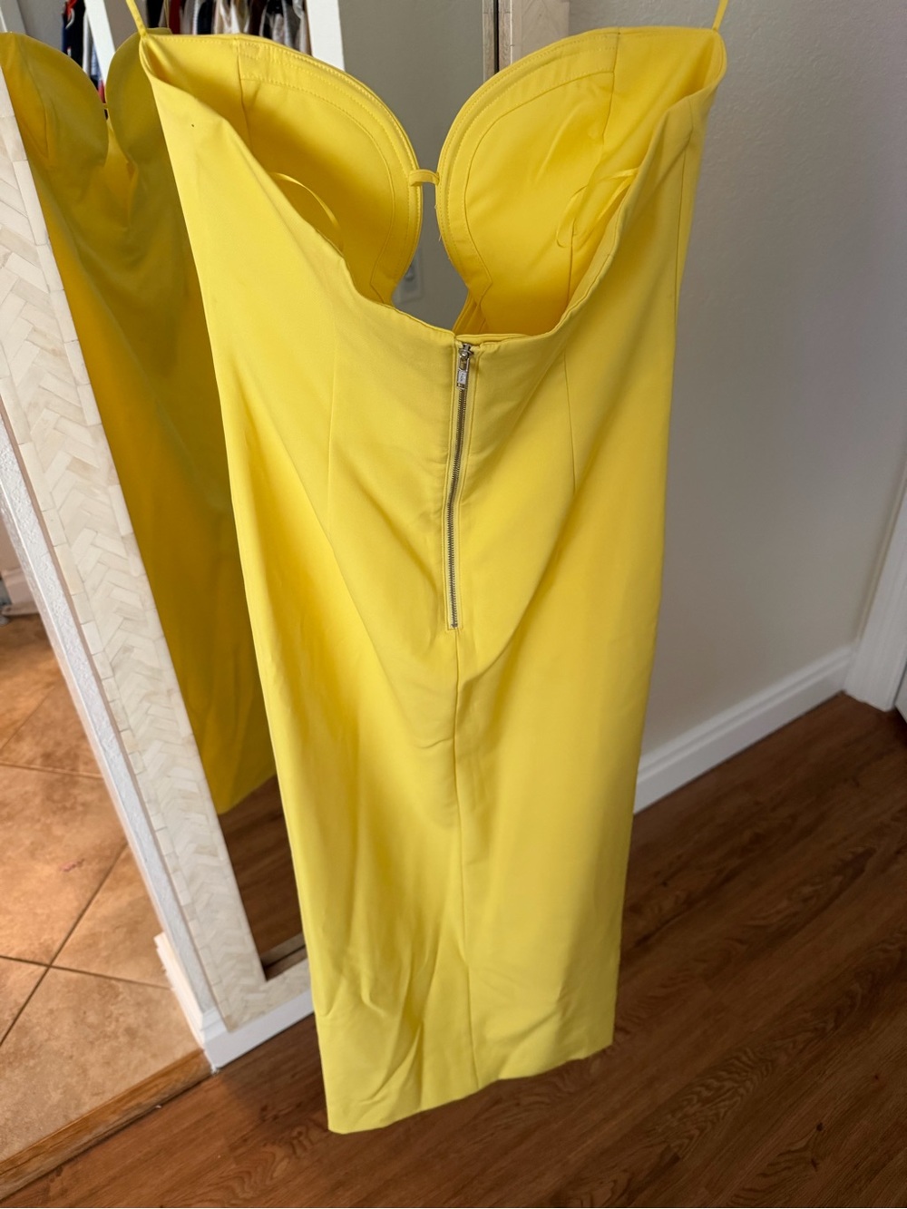 Bardot Revolve Eleni Strapless Yellow Midi Dress with Front Cutout Wedding Guest - Picture 7 of 9